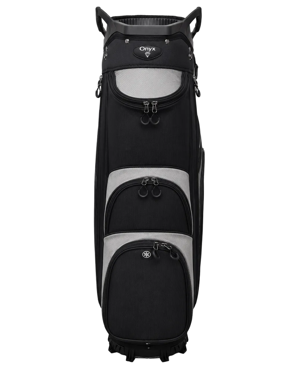 A black and gray Oxyx golf cart bag standing upright against a light gray wall and floor.