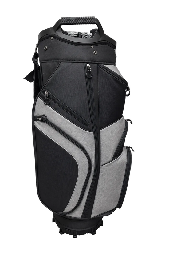A black and gray golf cart bag with multiple zippered pockets, a top handle, and a base wheel, photographed against a neutral light gray background.