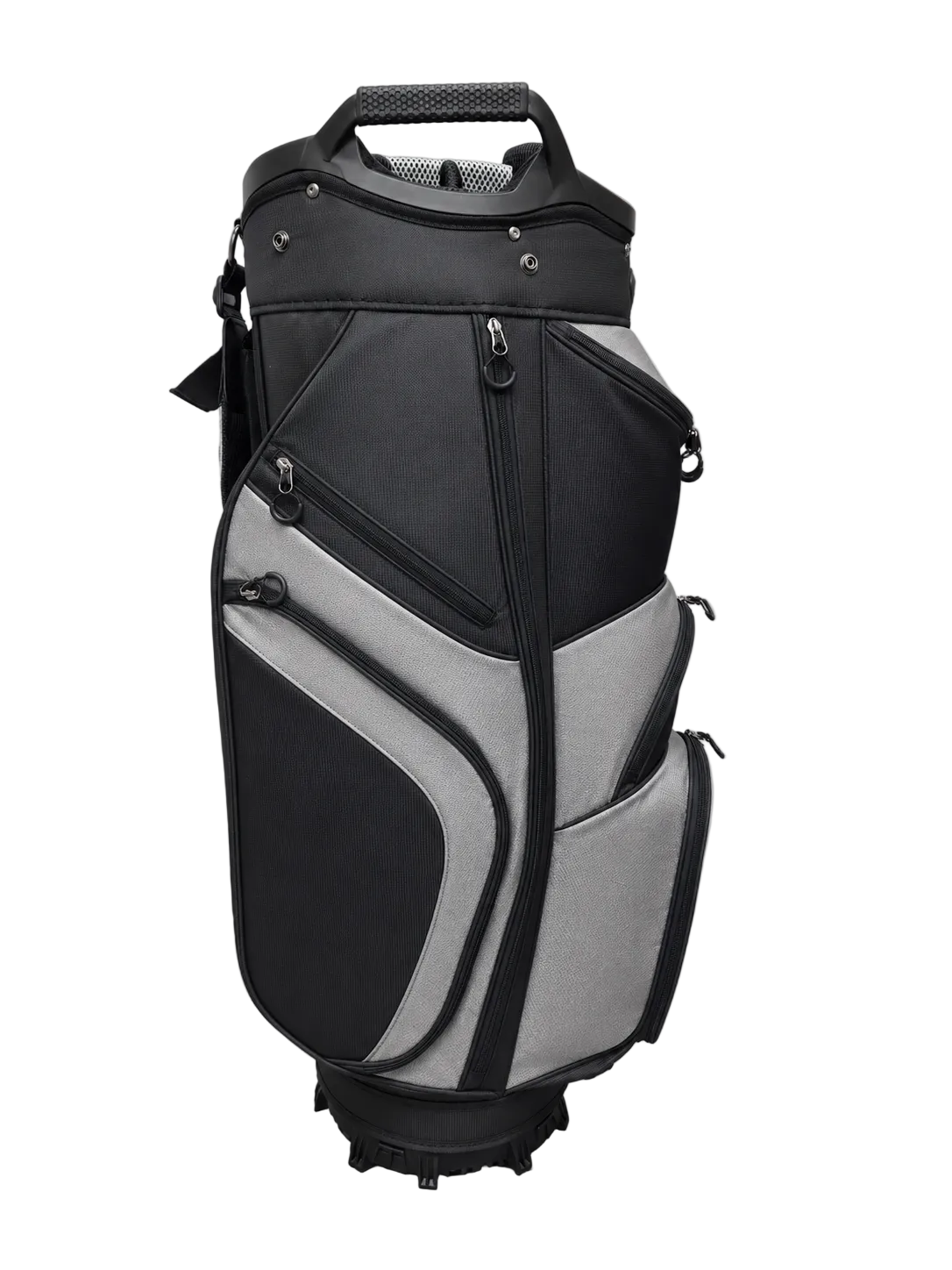 A black and gray golf cart bag with multiple zippered pockets, a top handle, and a base wheel, photographed against a neutral light gray background.